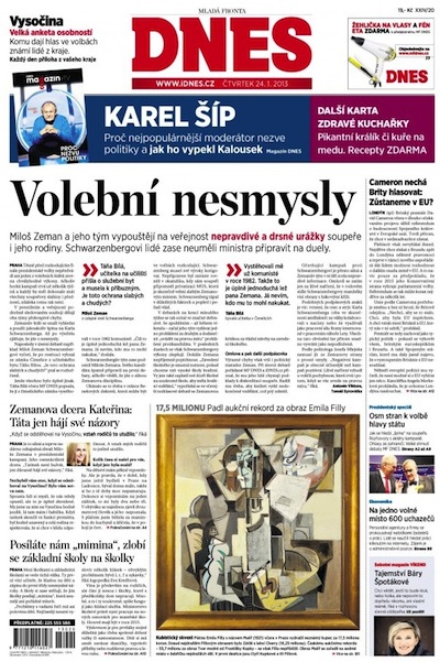 Titulní strana Mf Dnes 24. 1. 2013
