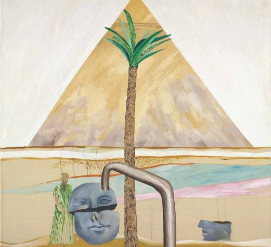 David Hockney: Great Pyramid at Giza with Broken Head from Thebes / 1963 / olej na plátně
